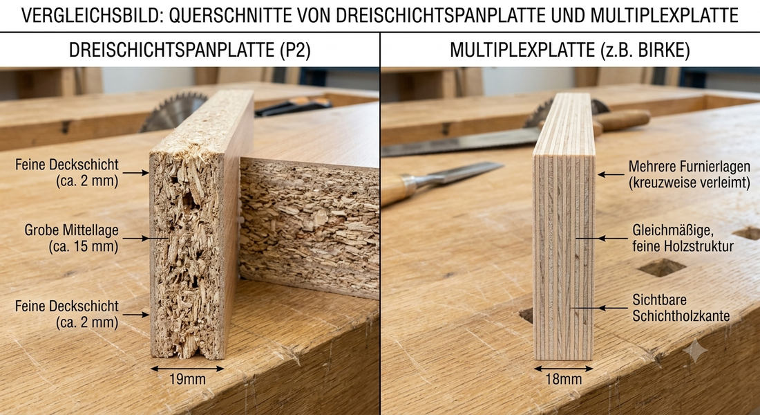 Querschnitt im Vergleich: verleimte Furnierlagen bei Multiplex neben der groben Spänestruktur einer Spanplatte